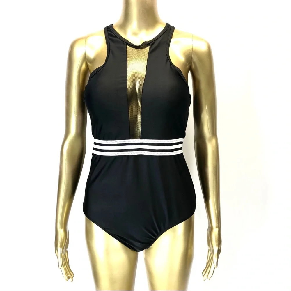 SHEIN Black One Piece Swimsuit L High Neck Racerback White Trim Sporty